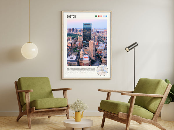 Descriptive Minimalist Boston Poster in Wooden Frame displayed in a living room with green chairs.