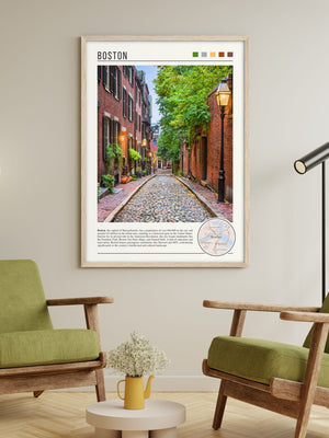 Descriptive Minimalist Boston Poster in Wooden Frame displayed in a living room with green chairs.