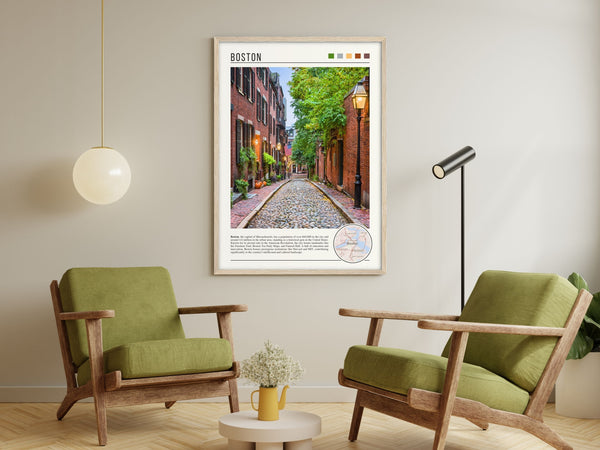 Descriptive Minimalist Boston Poster in Wooden Frame displayed in a living room with green chairs.