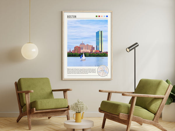 Descriptive Minimalist Boston Poster in Wooden Frame displayed in a living room with green chairs.