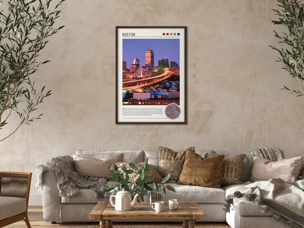 Descriptive Minimalist Boston Poster in Dark Wooden Frame displayed in a cozy living room with a beige sofa.