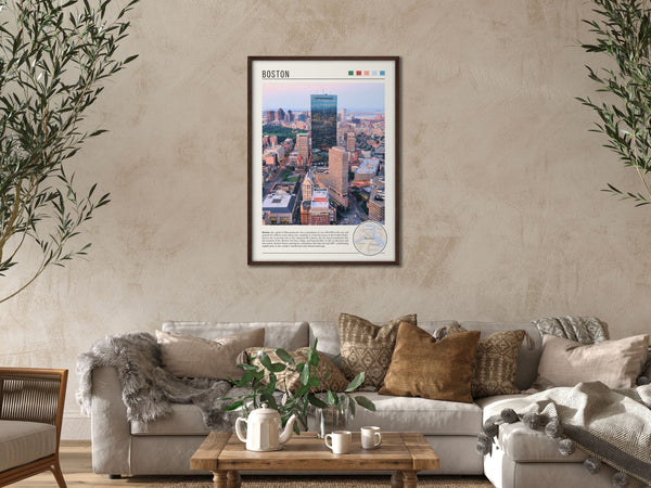 Descriptive Minimalist Boston Poster in Dark Wooden Frame displayed in a cozy living room with a beige sofa.