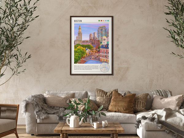 Descriptive Minimalist Boston Poster in Dark Wooden Frame displayed in a cozy living room with a beige sofa.